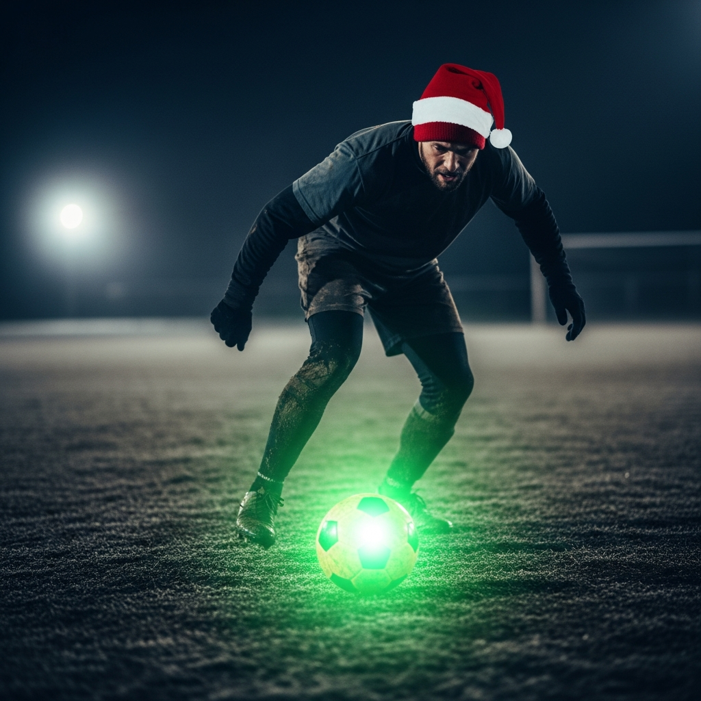 Sunday League player in Santa hat kicking glowing lime green football on frosty night pitch.