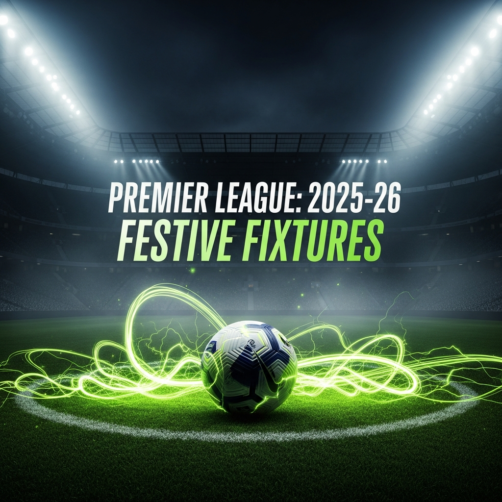 A high-resolution, dramatic 16:9 image of a modern Premier League football sitting on the centre spot of a dark, atmospheric stadium pitch at night. The stadium is filled with a dark haze, and powerful spotlights beam down, creating long shadows. Abstract, vibrant lime green energy streaks and light trails swirl around the ball and across the pitch. The overall tone is dark and moody, contrasted sharply by the electric lime green accents. Bold, modern text overlay reads: PREMIER LEAGUE: 2025-26 FESTIVE FIXTURES