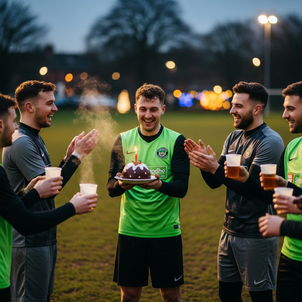 A dramatic, low-angle action shot of a Sunday League football player in a vibrant lime green kit sliding for a tackle on a very muddy pitch. The scene is dark and moody, set under an overcast winter sky. Deep shadows and a dark tonal range dominate the image, making the lime green kit and the explosive splash of mud from the tackle pop with high contrast. The focus is on the raw energy and gritty determination of the amateur game during the festive season.