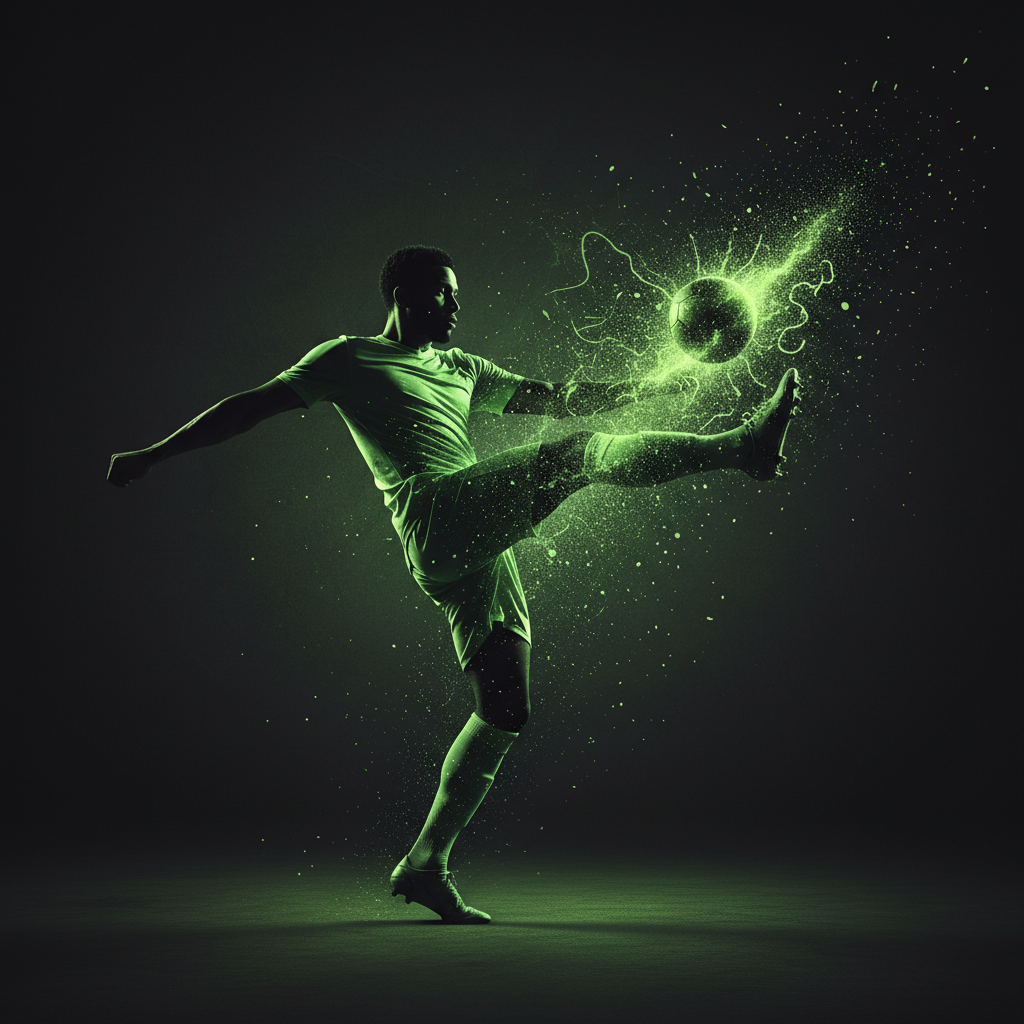 A key player striking a football at AFCON 2025, highlighted with a dramatic lime green and dark color scheme.