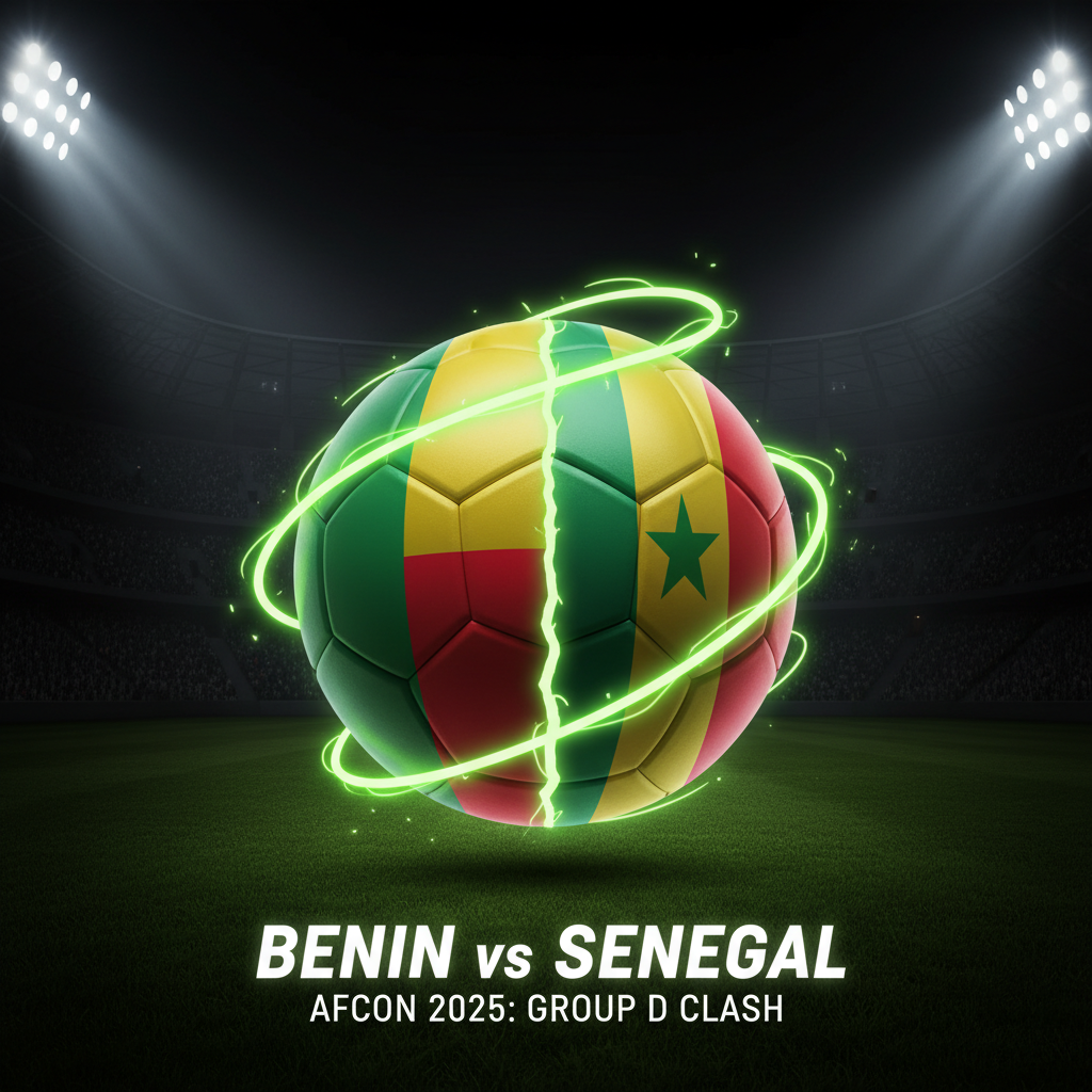 A Senegal player powerfully striking a football, highlighted by a dramatic lime green light against a dark background for AFCON 2025.