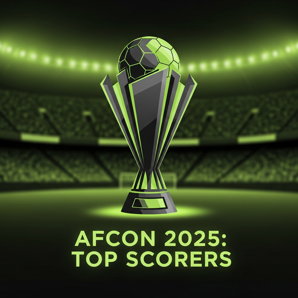 A 16:9 cinematic, dark-themed thumbnail for a blog post. In the foreground, a hyper-realistic football is frozen in motion, bulging the back of a goal net. The net and ball are illuminated by a vibrant, electric lime green light, creating a stark contrast against the dark, moody background. The background features a blurred, shadowy football stadium at night. In the upper right corner, the text 'AFCON 2025: Top Scorers' is displayed in a bold, modern, sans-serif font, glowing with a subtle lime green neon effect. The overall tone is energetic, professional, and dramatic.