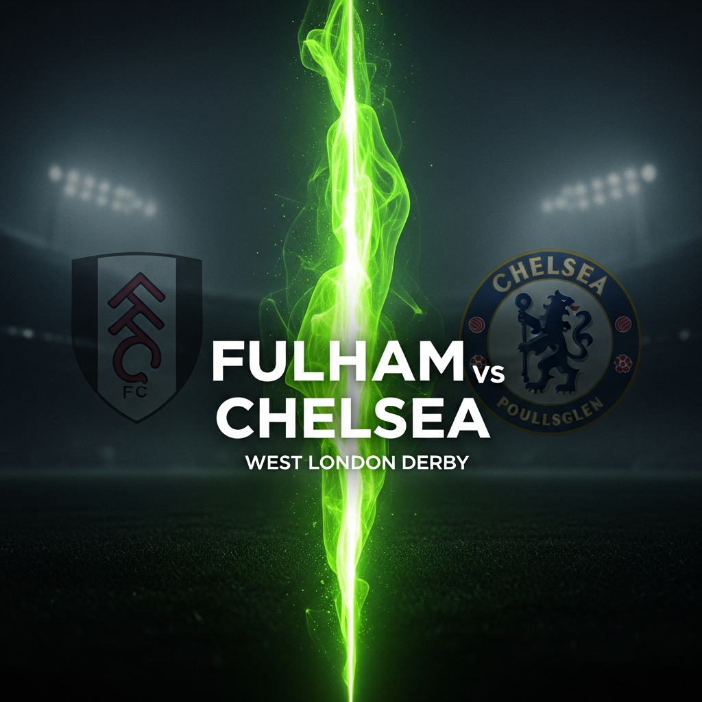 A 16:9 cinematic thumbnail with a dark, moody background featuring the subtle silhouette of a stadium floodlight. A vibrant, electric lime green abstract energy blast splits the screen. On the left, the Fulham FC crest is subtly embossed. On the right, the Chelsea FC crest is similarly embossed. In the center, overlaying the energy blast, is the bold, modern text "FULHAM vs CHELSEA" in white, with the smaller subtitle "WEST LONDON DERBY" in a slightly darker tone below it.