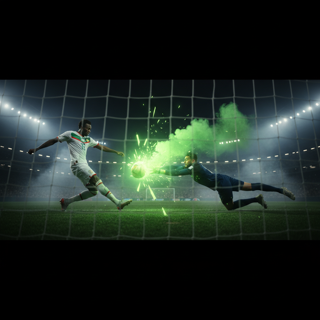 Senegal's forward takes a powerful shot against the Egyptian goalkeeper in the AFCON 2025 semi-final.