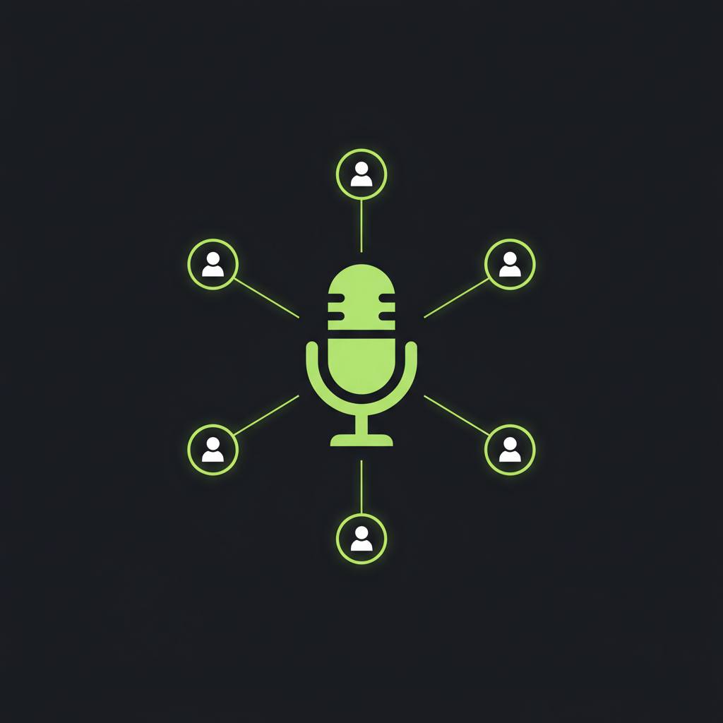 A graphic showing guest profiles connecting to a central podcast microphone icon, illustrating podcast guest-matching services.