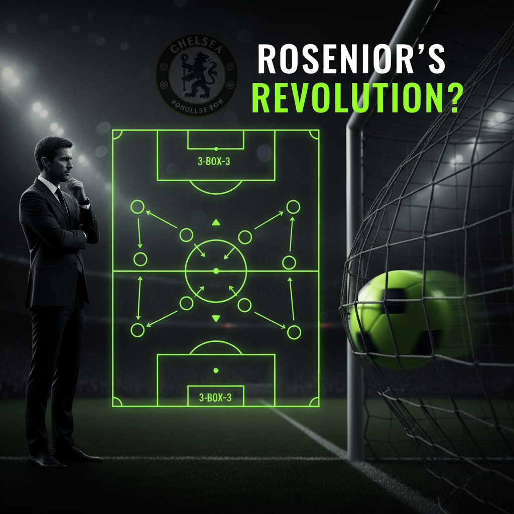A lime green football hitting the back of a dark goal net, symbolizing Chelsea's scoring in Rosenior's first match.