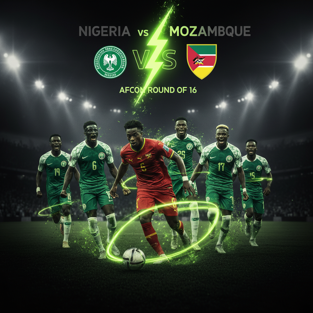 Mozambique's Geny Catamo in action during an AFCON match, with a dark and lime green visual theme.