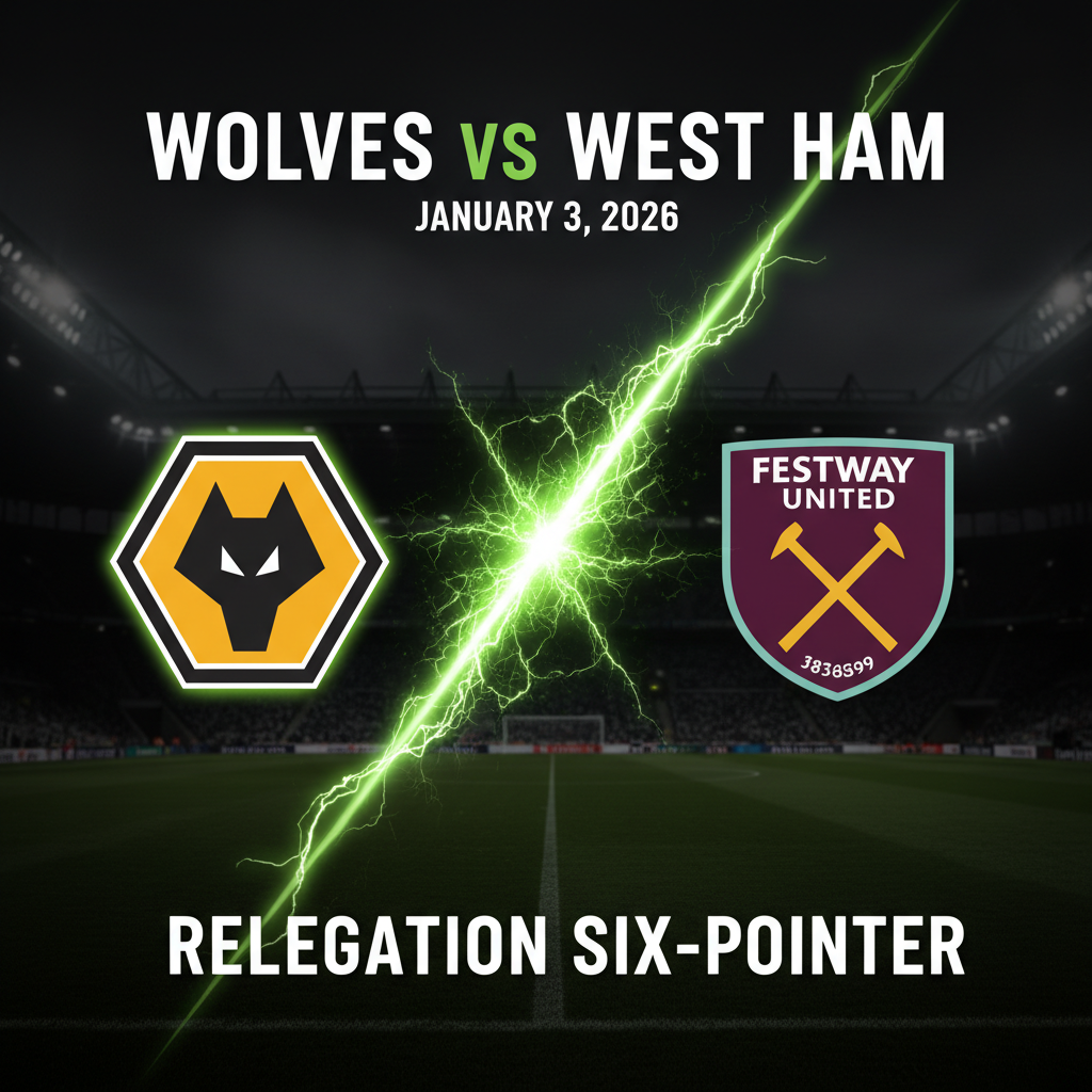 A Wolves player celebrates a goal under the bright lime green lights at Molineux.