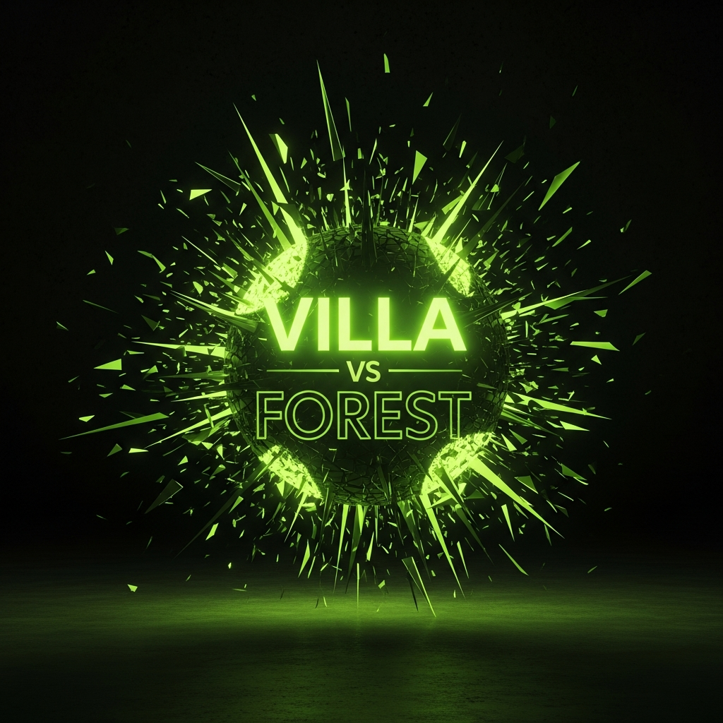 A dynamic 16:9 sports-themed thumbnail with an abstract football and glowing 'VILLA vs FOREST' text in lime green.