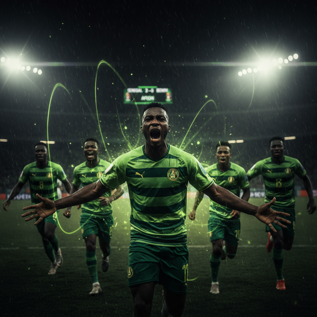 Abdoulaye Seck scores with a powerful header for Senegal in their AFCON match against Benin.