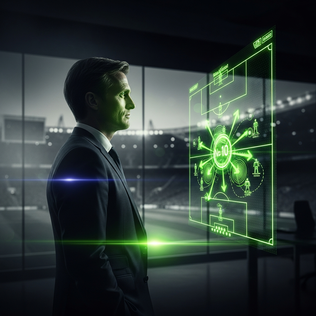 A 16:9 cinematic, hyper-realistic thumbnail for a football blog post. The image has a dark, moody tone with dramatic lighting. In the foreground, a translucent, holographic lime green tactical board floats in the air, showing a 4-2-3-1 football formation with glowing player icons. In the background, subtly out of focus, is the silhouette of a thoughtful football manager resembling Michael Carrick, looking down at the tactical board. Streaks of lime green light pulse from the board, illuminating the manager