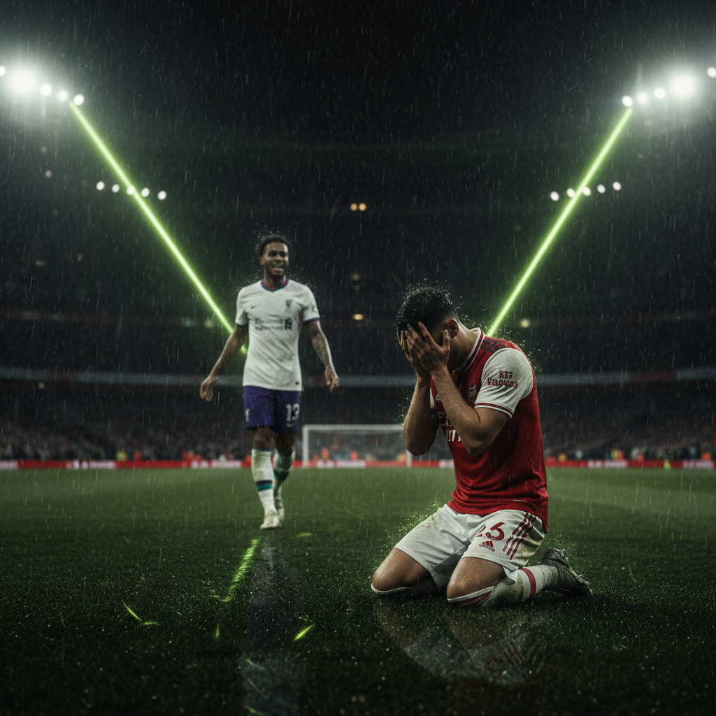Conor Bradley of Liverpool strikes the ball against Arsenal in treacherous, rainy conditions with a lime green and dark color theme.
