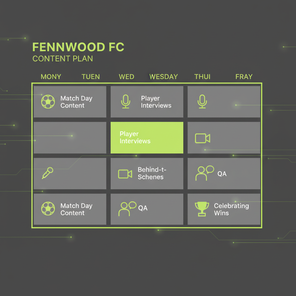 Budget-friendly media equipment for a local football club, including a smartphone, action camera, and microphone, on a dark background with lime green accents.