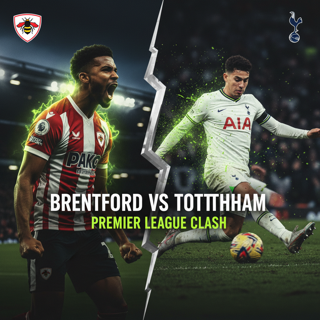 Brentford forward Kevin Schade dribbling the ball under lime green stadium lights.