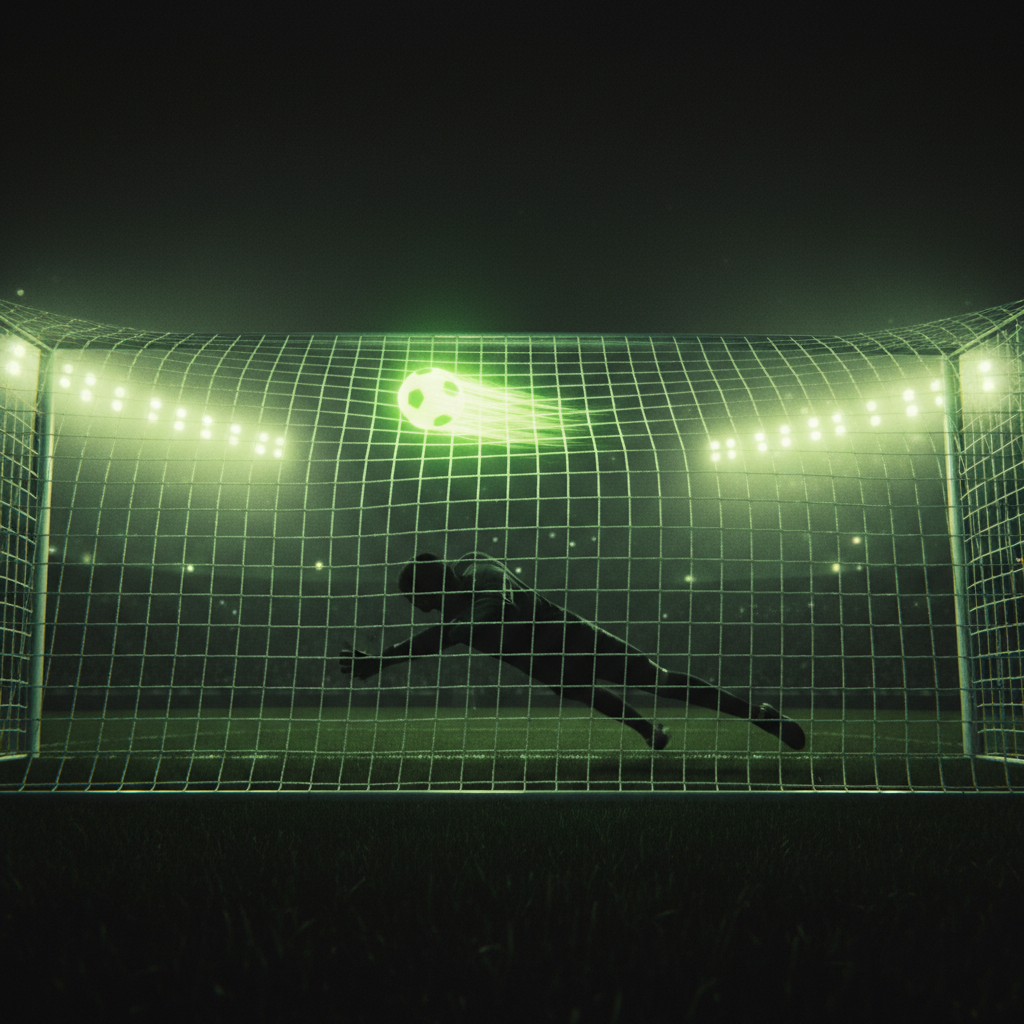 A defender in a dark kit makes a perfectly timed slide tackle on a football highlighted in lime green.