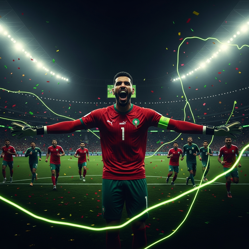 A dramatic 16:9 ultra-realistic photo capturing the moment of victory for Morocco. Goalkeeper Yassine Bounou is the central focus, roaring with triumph, arms outstretched. His teammates are rushing towards him in a blur of motion. The stadium background is dark and moody, with the pitch illuminated by bright spotlights. The color palette is dominated by dark tones, deep blacks, and shadows, dramatically contrasted with vibrant, electric lime green light effects that streak across the image, highlighting the players