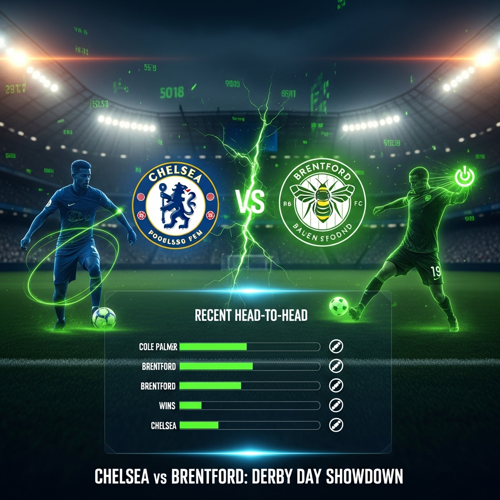 A 16:9 high-resolution, photorealistic thumbnail for a football blog post. The image has a dark, atmospheric tone with a striking lime green color scheme. It features a split-screen design. On the left, the iconic Chelsea FC lion crest is shown in dark blue, glowing with an inner lime green light. On the right, the Brentford FC bee crest is shown, also glowing with a vibrant lime green outline. In the center, where the two crests meet, a jagged crackle of neon lime green energy separates them. The background is a dark, out-of-focus football stadium at night, with subtle lens flares from the stadium lights. Bold, modern text at the bottom reads "CHELSEA vs BRENTFORD: DERBY DAY SHOWDOWN" in a crisp white font.