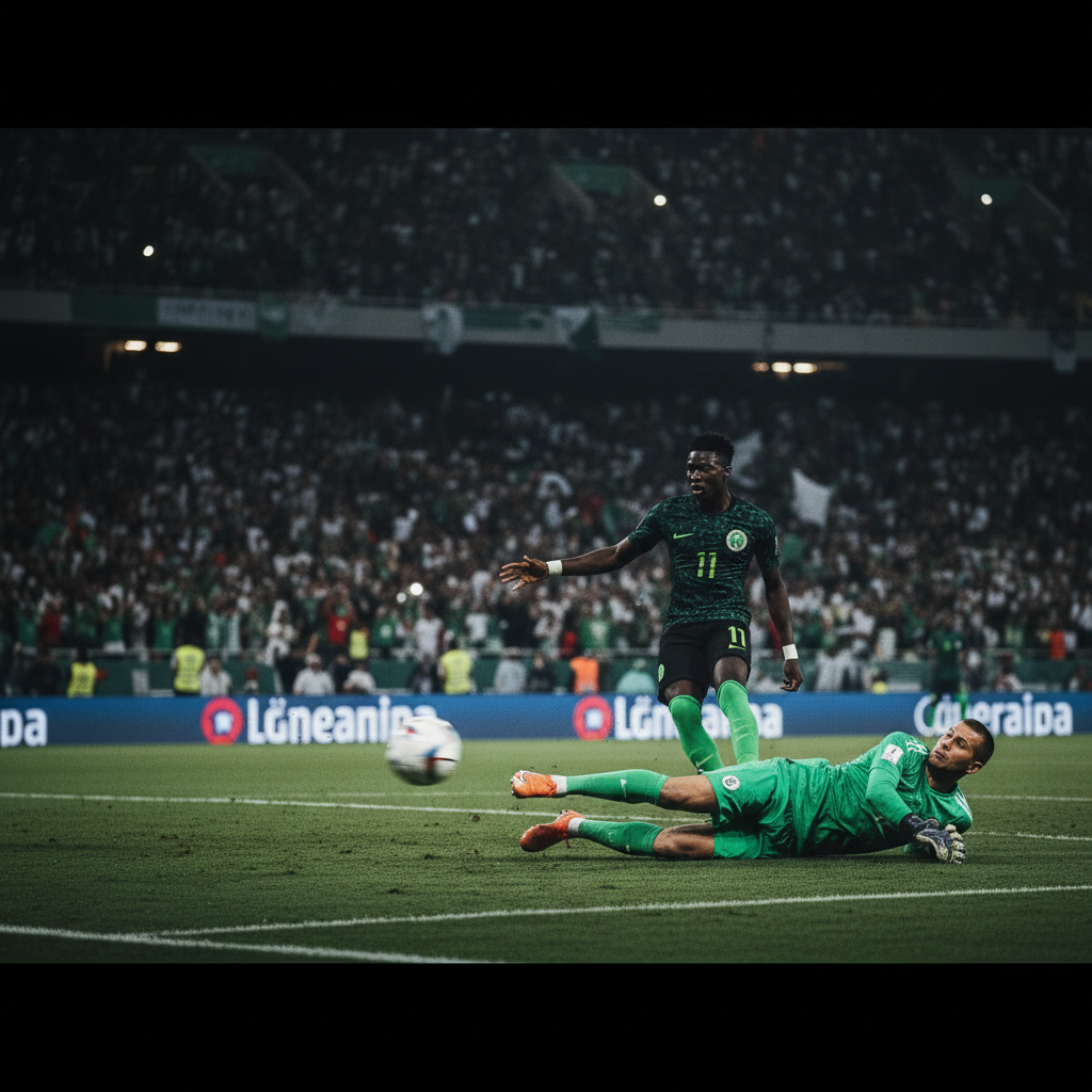 Wide shot of Marrakesh Stadium during the AFCON 2025 quarter-final match between Nigeria and Algeria, showing the vibrant atmosphere.