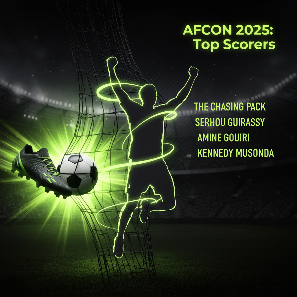 Stylized illustration of a footballer celebrating a goal with dynamic lime green and dark tones for AFCON 2025.