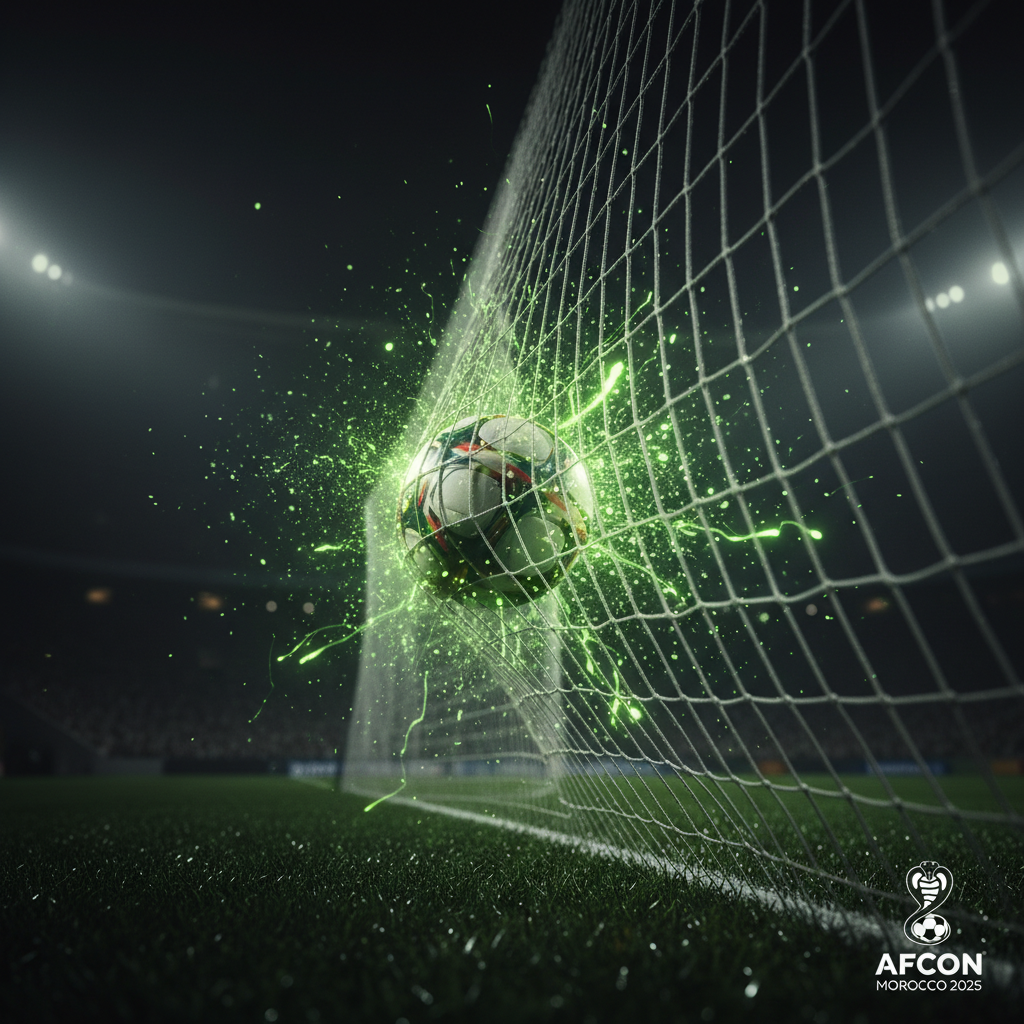 Close-up of the official AFCON 2025 match ball on the pitch with a lime green and dark theme.