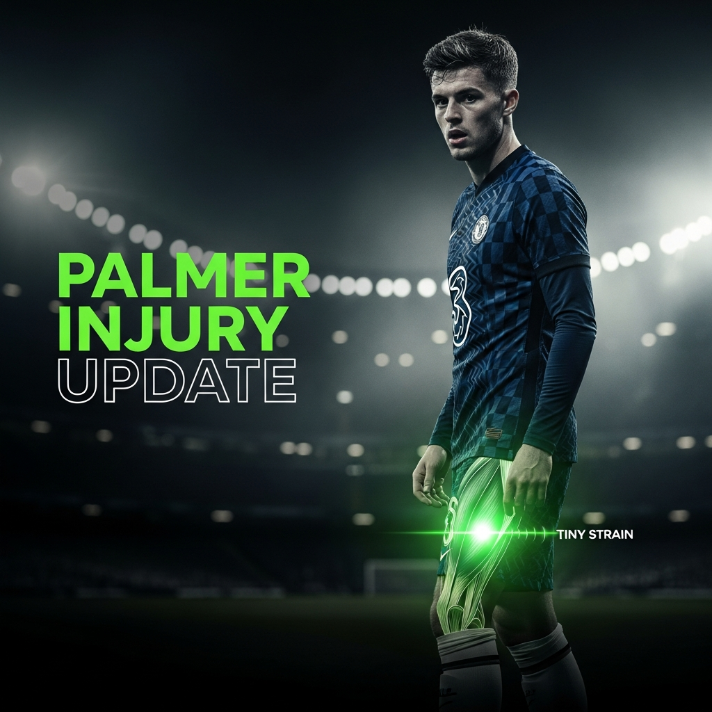 A cinematic, dark-themed thumbnail featuring Chelsea player Cole Palmer with a glowing lime green quadriceps overlay and text "PALMER INJURY UPDATE".
