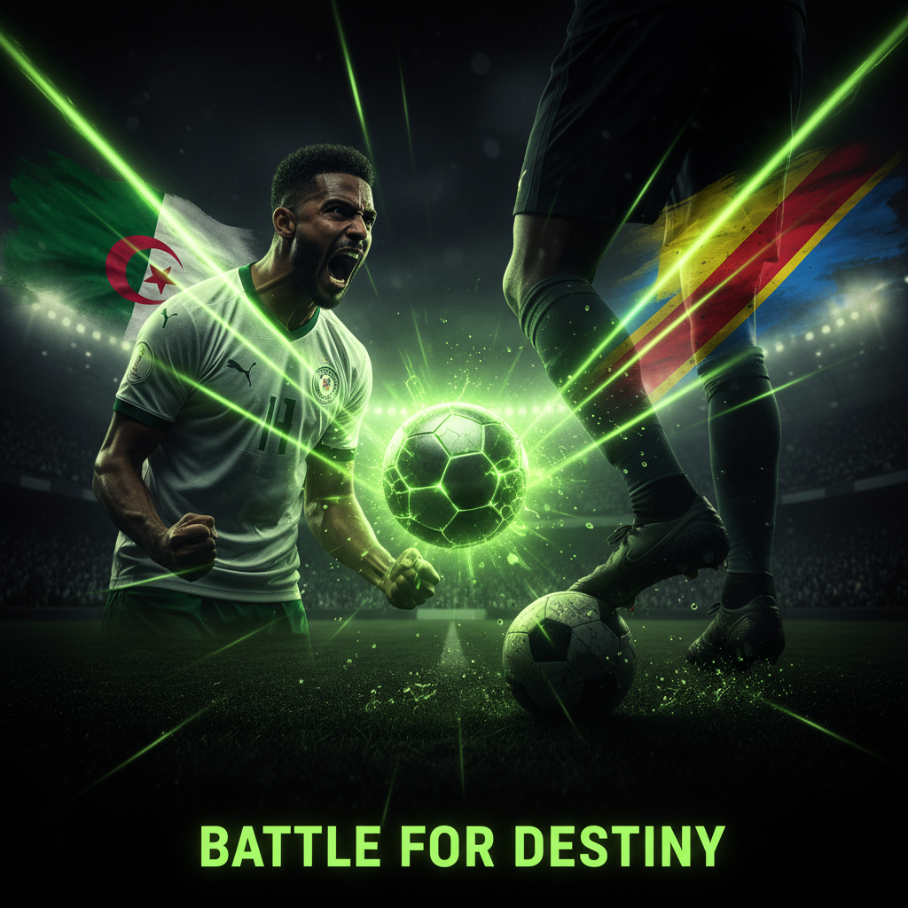 Algerian footballer celebrating a goal with intense emotion against a dark, lime green-lit stadium background during AFCON 2025.