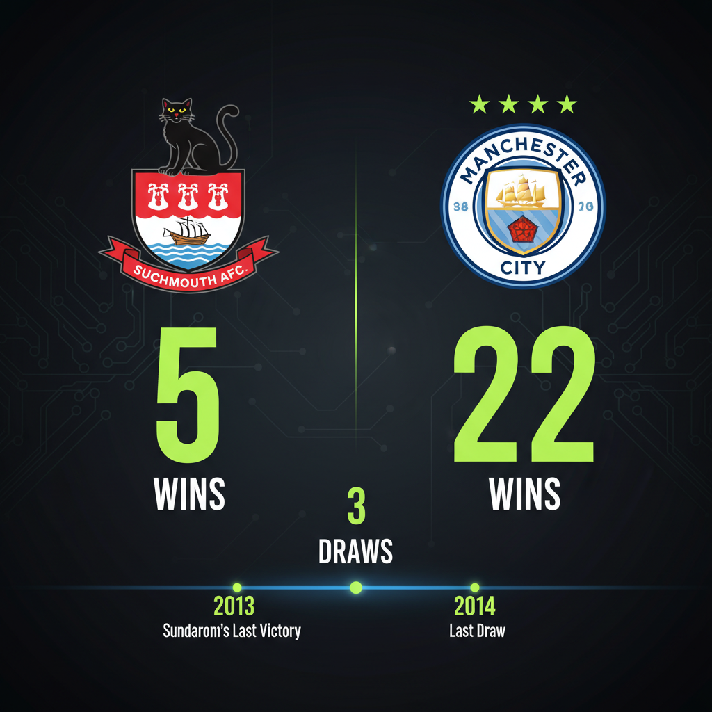 Infographic showing the historical head-to-head record between Sunderland and Manchester City. It features crests, with Manchester City having 22 wins and Sunderland 5 wins, and a timeline highlighting Sunderland's last victory in 2013. The design is sleek, dark, and uses lime green accents.