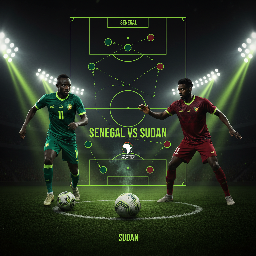 Tactical formation graphic for the Senegal vs Sudan AFCON 2025 match in a lime green and dark theme.