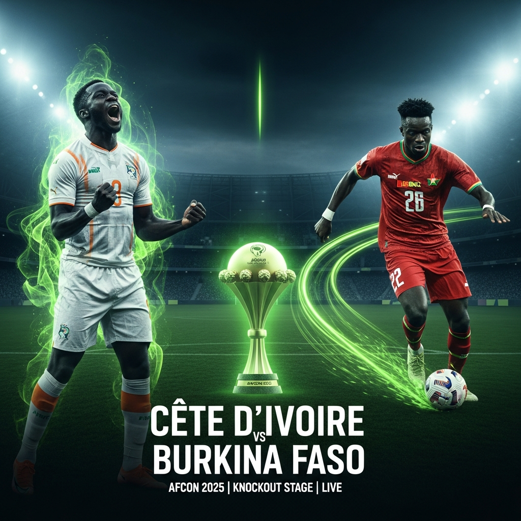 A dynamic football match thumbnail with Ivorian and Burkinabè players and an AFCON 2025 trophy, in dark and lime green tones.