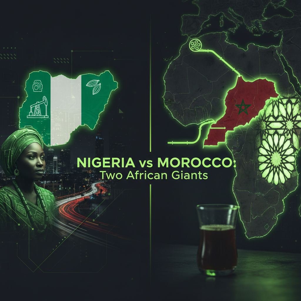 A collage showcasing Nigeria's vibrant culture and economy, including a Lagos cityscape and Nollywood symbols, in a dark and lime green color scheme.