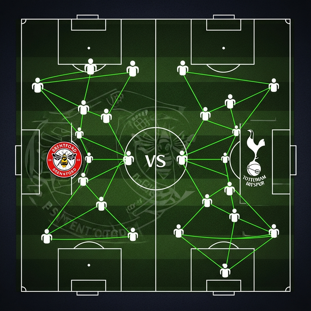 A dramatic, split-screen 16:9 thumbnail with a dark, moody tone and vibrant lime green accents. On the left side, Brentford's striker Igor Thiago is shown mid-celebration, yelling with passion. He is illuminated by a dynamic lime green light against a dark, blurred background of the Gtech Community Stadium. On the right side, Tottenham's defender Cristian Romero is captured in a powerful sliding tackle on a dark pitch, with specs of lime green energy kicking up from the turf. In the center, a sharp, metallic split effect separates the two players. Overlayed text in a modern, bold font reads "BRENTFORD vs TOTTENHAM" in white, with "PREMIER LEAGUE CLASH" in a smaller lime green font below. The club crests are subtly placed in their respective corners.
