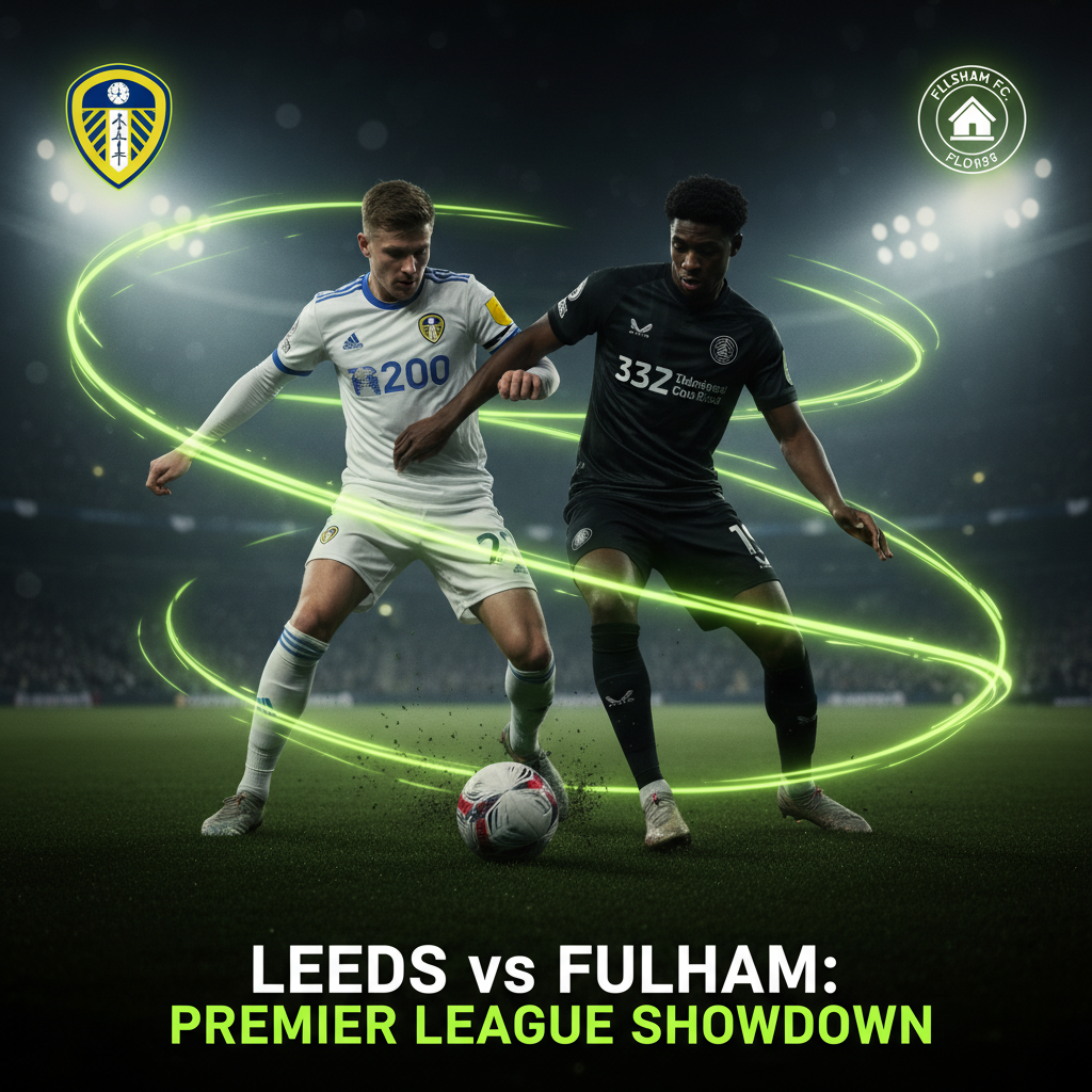 An atmospheric illustration of Elland Road stadium at night, featured in a dark tone with vibrant lime green light effects.