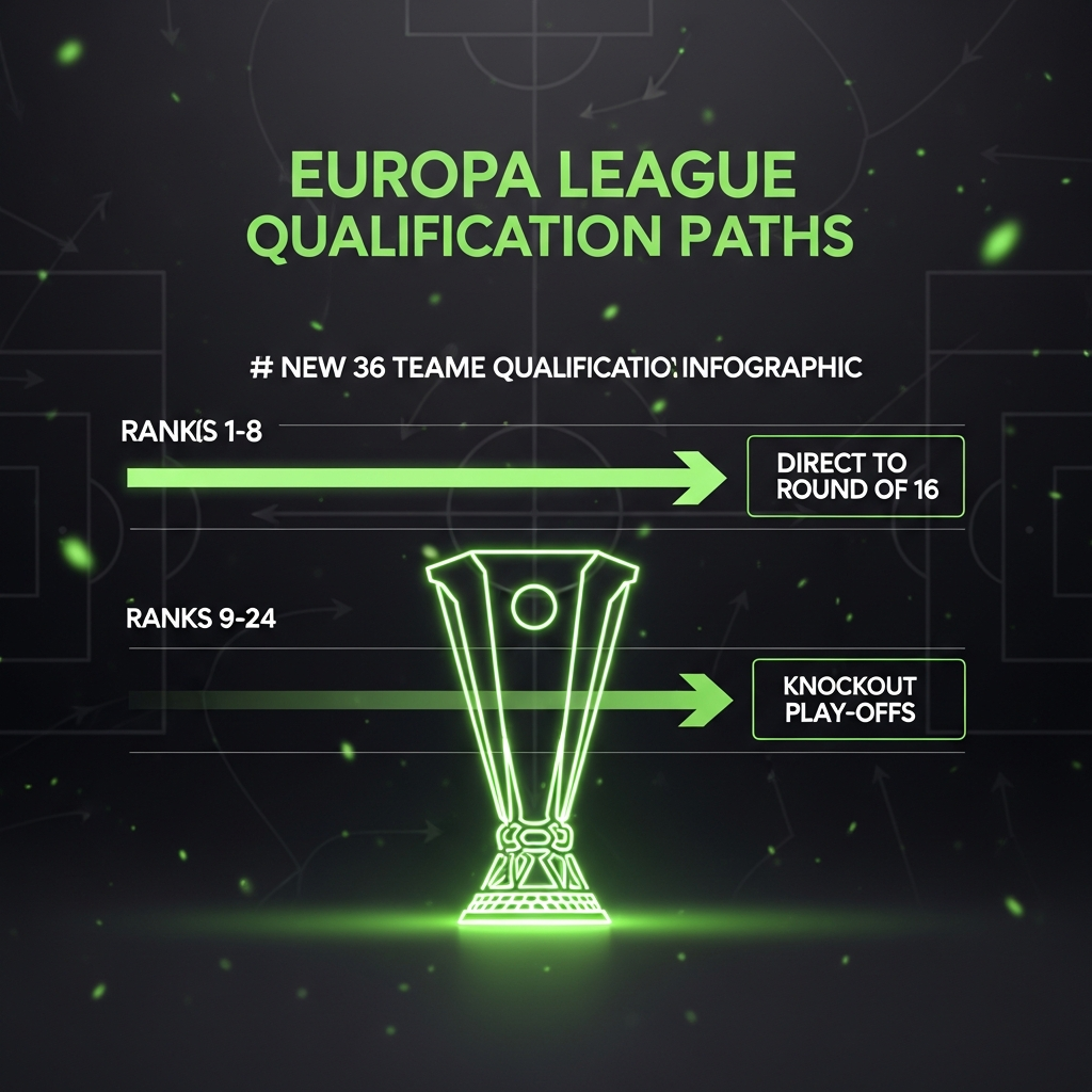 A dynamic, high-contrast 16:9 thumbnail with a dark, moody aesthetic. In the center, a glowing, stylized outline of the Europa League trophy rendered in a vibrant lime green neon effect. The background is a deep charcoal grey with a subtle texture, overlaid with faint, schematic football-style tactical lines and arrows, also in a dimmer lime green. Soft, abstract light particles float around the trophy, adding a sense of energy and prestige. The overall tone is modern, tech-focused, and premium.