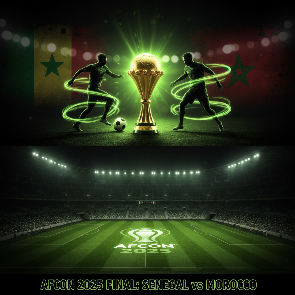 Abstract image of Senegalese and Moroccan players in a lime green and dark themed action shot for the AFCON 2025 final.
