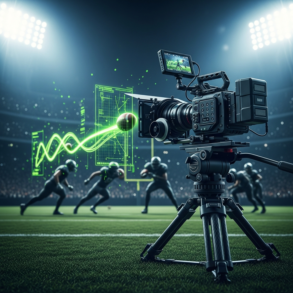 Professional video camera on tripod at a football match