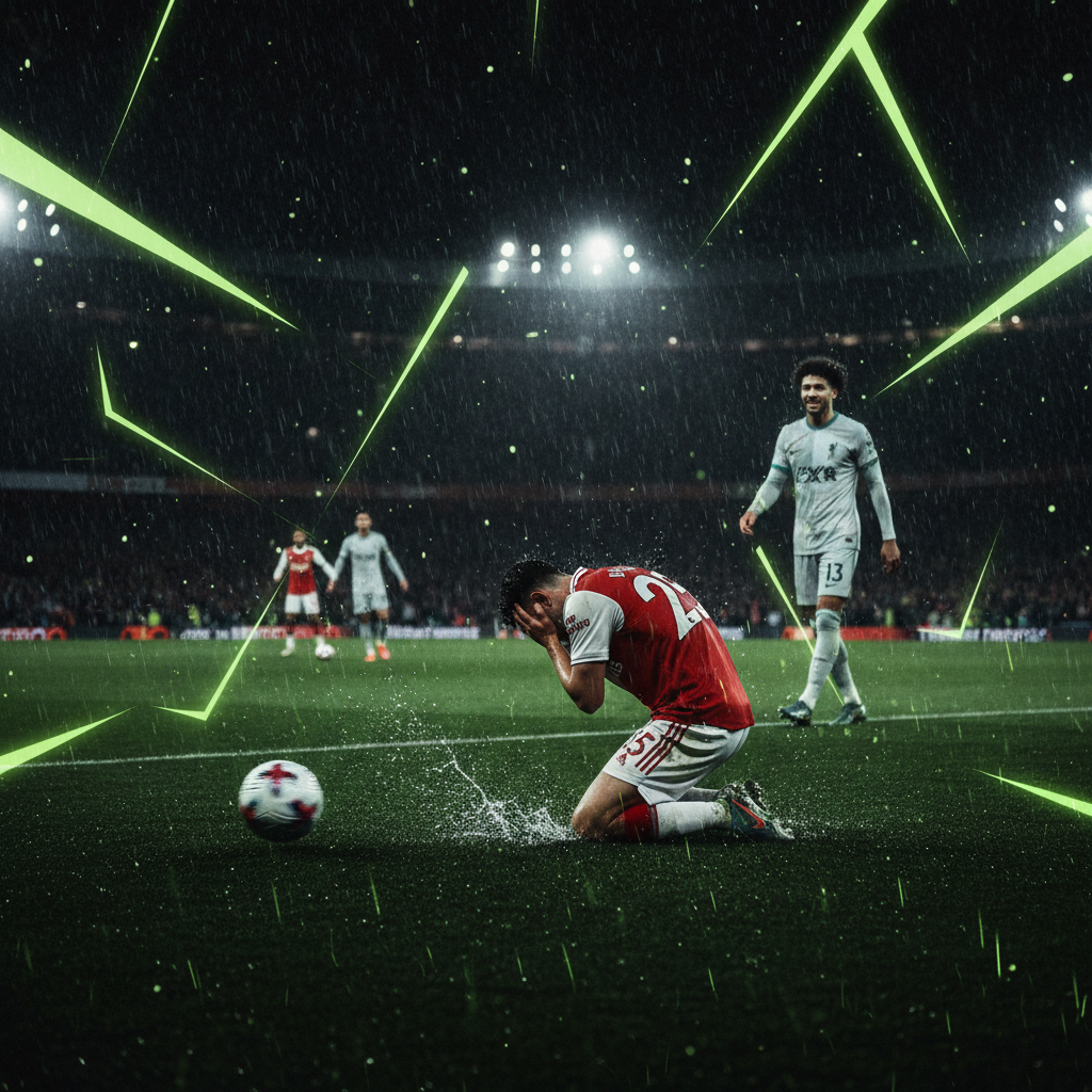 The rain-soaked pitch at the Emirates Stadium during the Arsenal vs Liverpool match, depicted with a dark tone and lime green light effects.