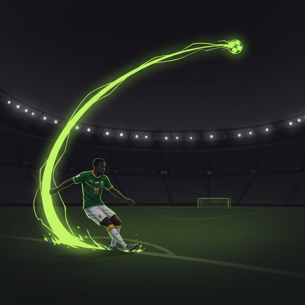 A vibrant image of a crowded football stadium at night, with a focus on the glowing green pitch and the energy of the crowd, conveying the excitement of a major AFCON match.