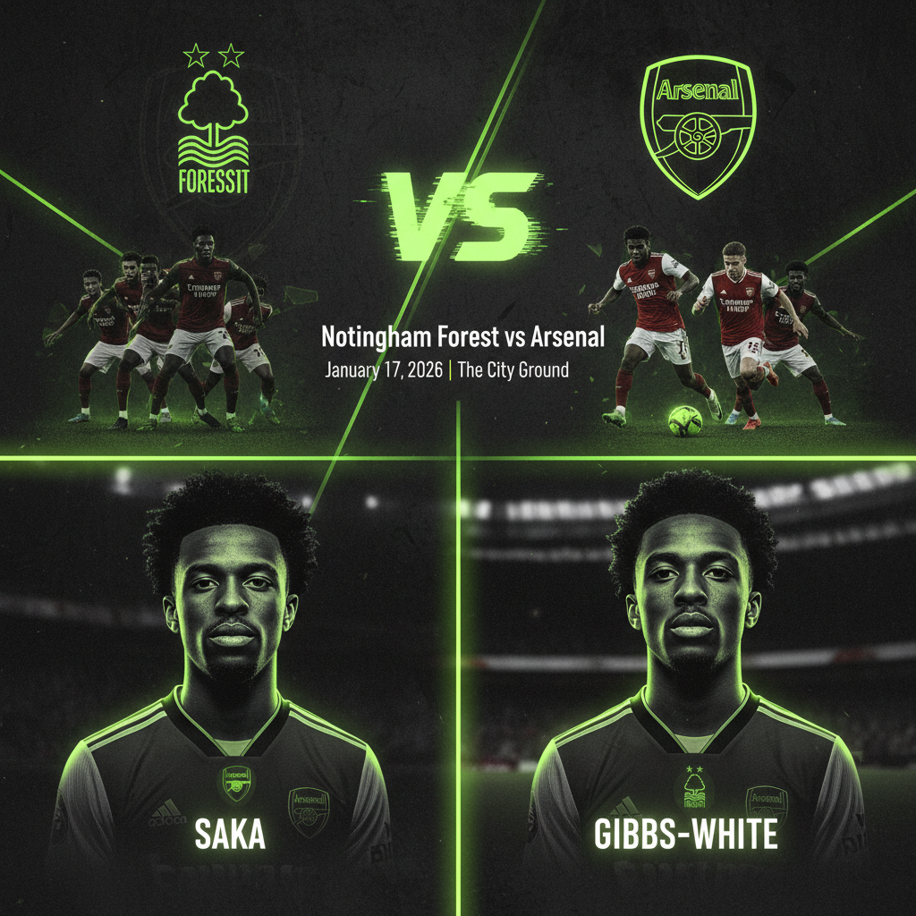 Stylized graphic of Nottingham Forest and Arsenal players in action with lime green and dark tones.