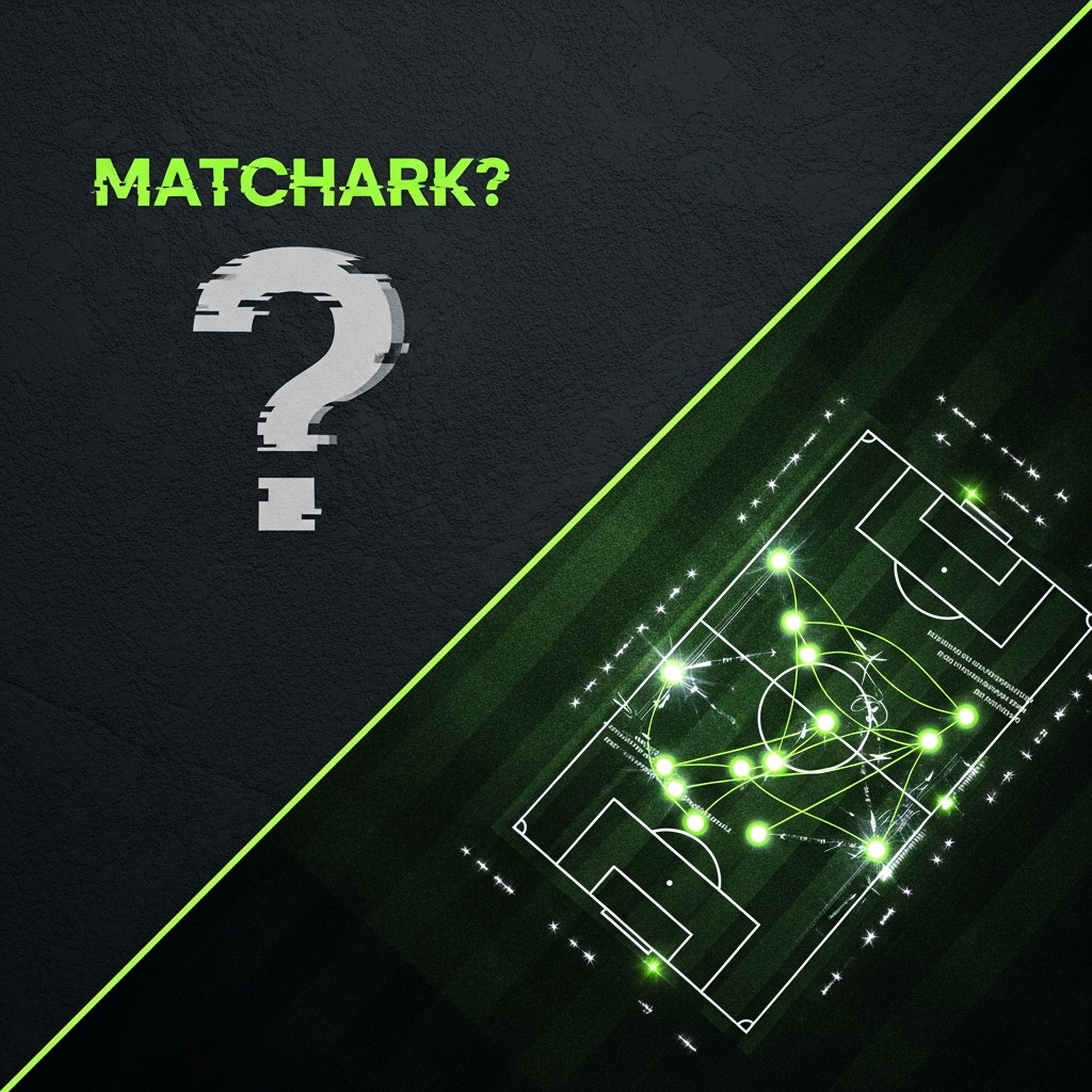 A 16:9 thumbnail with a dark, tech-inspired theme and a lime green and dark tone color scheme. On the top left, against a dark, textured background, the word "MATCHARK?" is written in a glitchy, lime green digital font, with a large, faint question mark behind it. On the bottom right, a stylized, dark graphic of a football pitch is shown from an elevated angle. Glowing lime green lines and player icons illustrate a complex tactical play, with data overlays shimmering around them, representing the analytical power of Veo Editor. The overall mood is modern, professional, and intriguing.