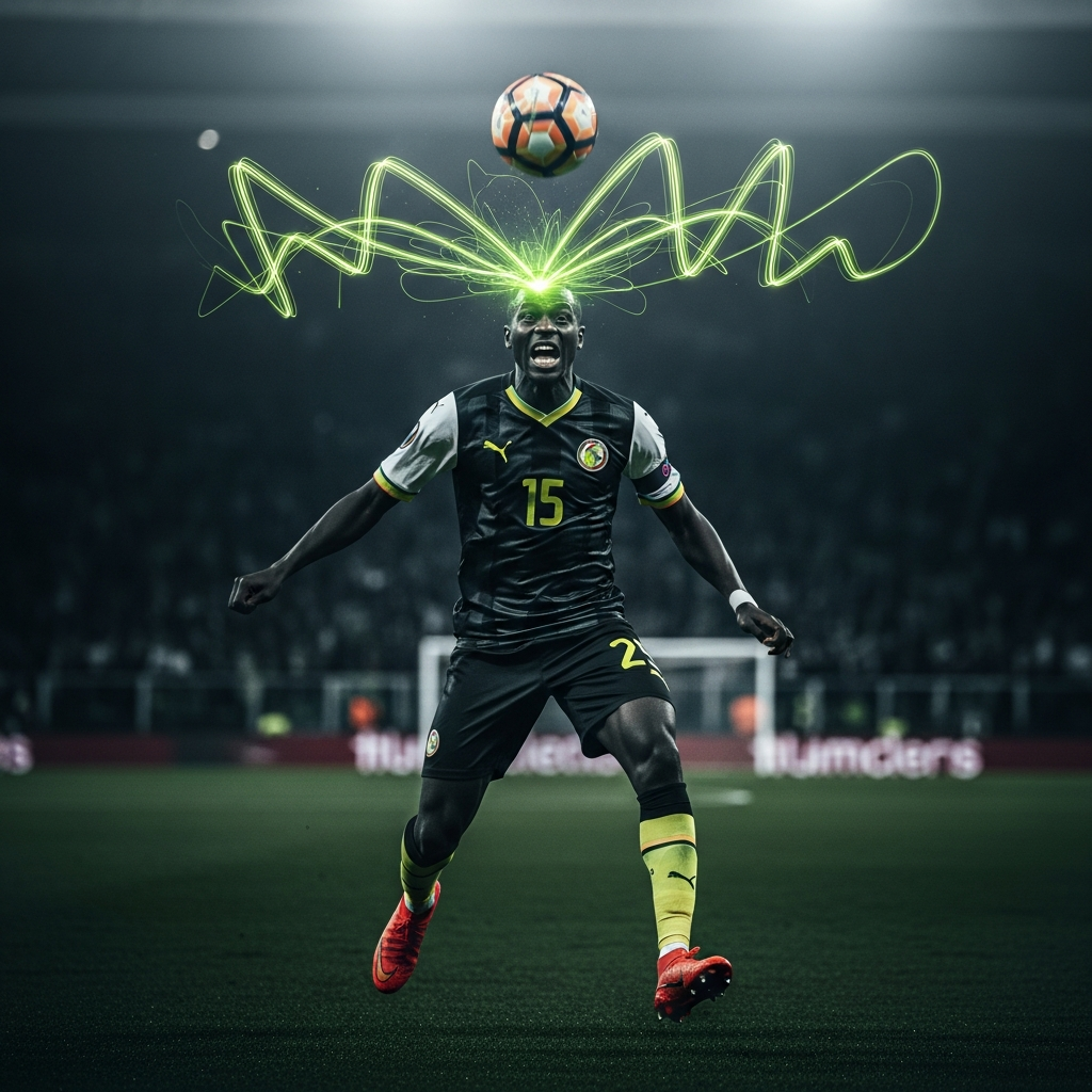 16:9 dynamic, atmospheric digital art thumbnail for a football blog post. The scene captures the high energy of a goal celebration. A silhouette of a footballer, representing Senegal, is mid-roar with arms outstretched against a dark, moody stadium background. Abstract lime green light trails and particle effects swirl around the player, originating from a stylized football at the bottom of the frame. The text "SENEGAL vs SUDAN" is in a bold, modern, dark font, with the score "3-1" highlighted in a vibrant lime green. The overall aesthetic is dark, sleek, and energetic, with a strong contrast between the dark tones and the glowing lime green elements.