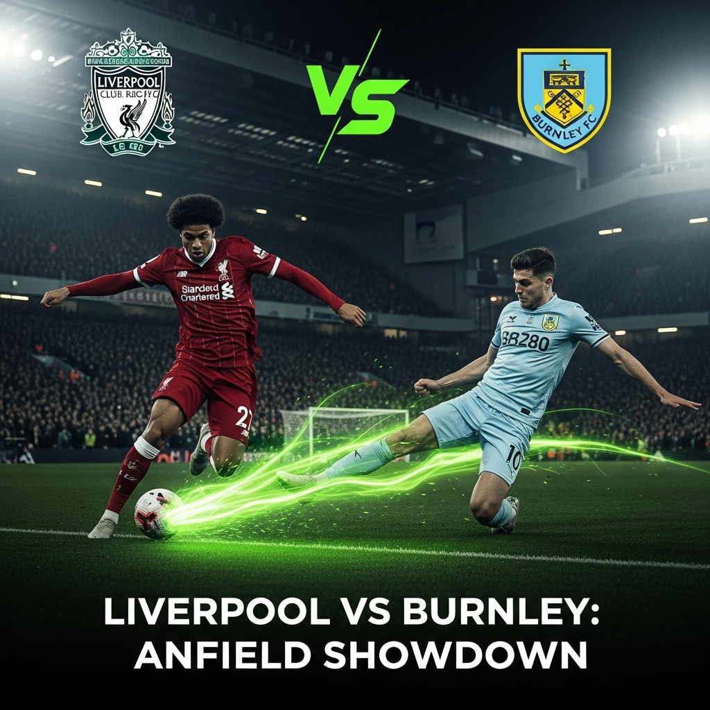 A dynamic football match thumbnail with a dark and lime green color scheme, featuring Liverpool and Burnley players at Anfield.