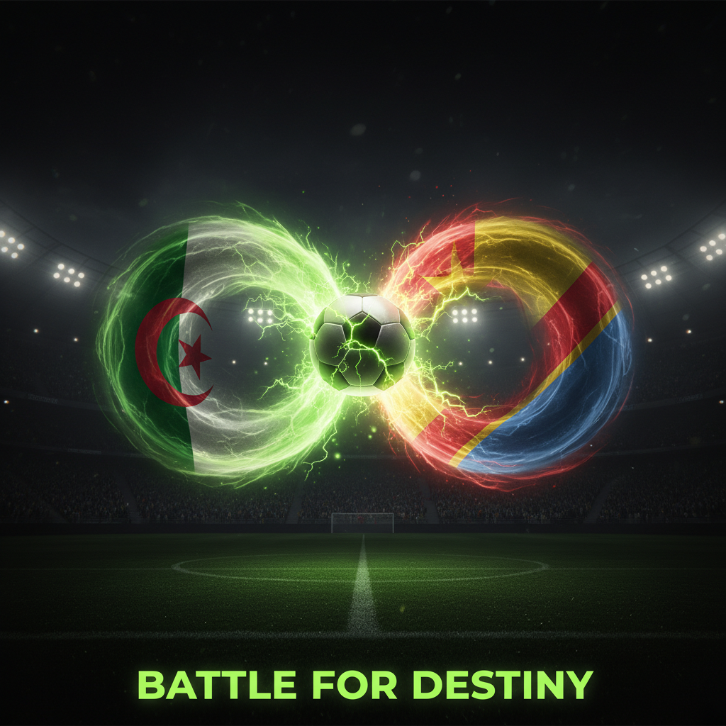 Close-up of a DR Congo player's feet and a football, showcasing skilled dribbling amidst a dark setting with lime green highlights.