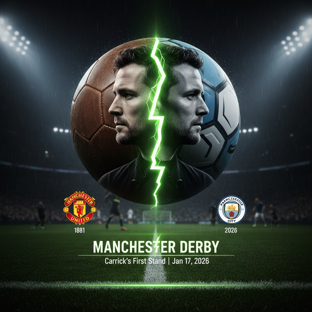 The history of the Manchester derby represented by a split vintage and modern football with a lime green and dark theme.