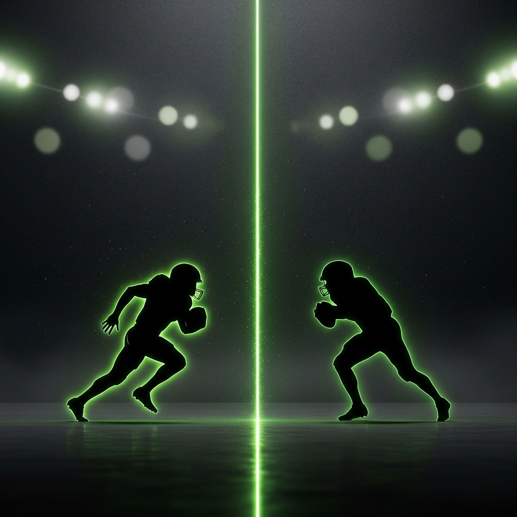 A 16:9 cinematic sports thumbnail with players in neon green glow
