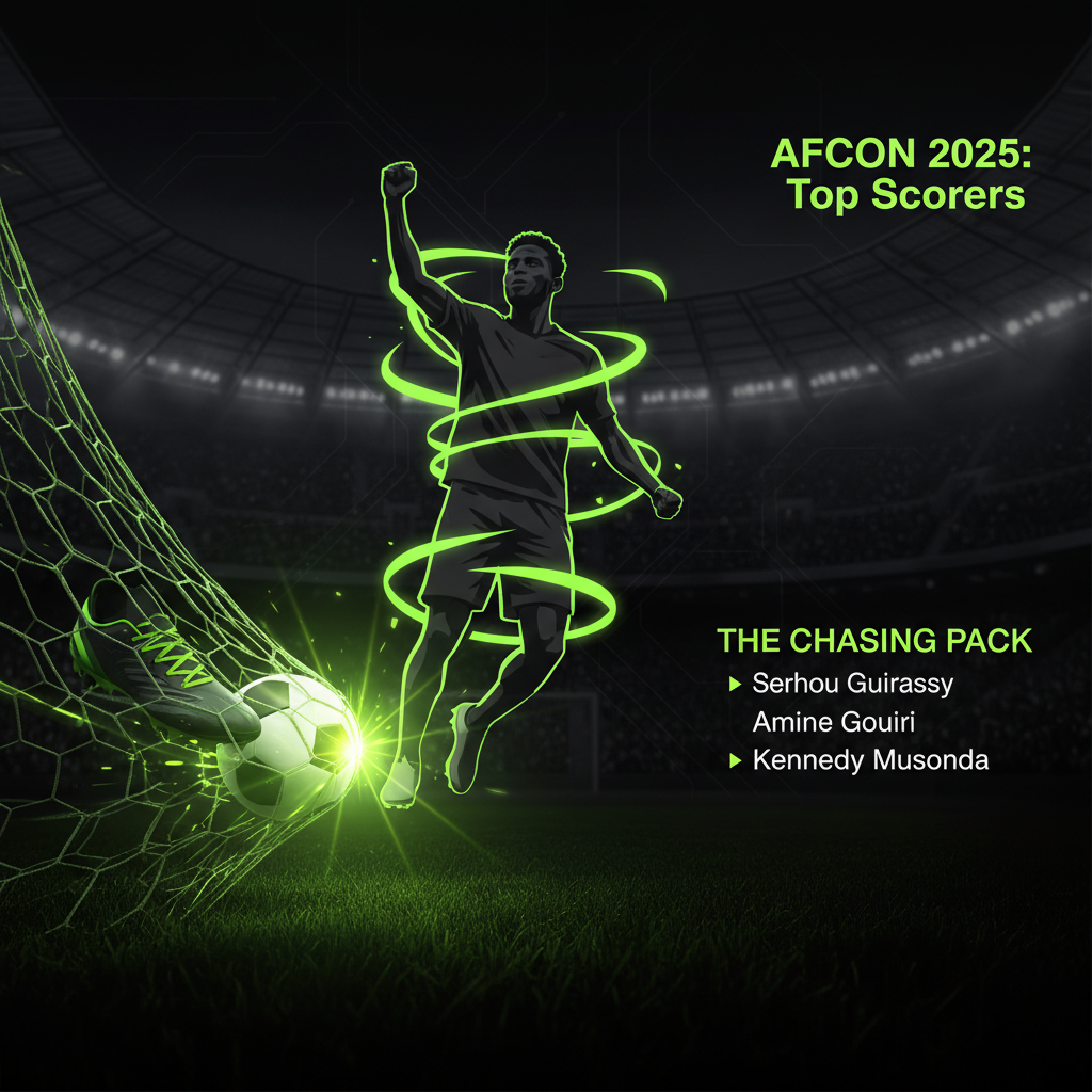 A sleek, infographic-style image with a dark background and lime green accents. On the left side, a close-up of a modern football boot, rendered in dark gray and lime green, is shown striking a football. Lime green motion lines radiate from the point of impact. On the right side, against a dark, subtly patterned background, a vertical list under the heading 'The Chasing Pack' displays the names 'Serhou Guirassy,' 'Amine Gouiri,' and 'Kennedy Musonda' in a clean, minimalist lime green font.