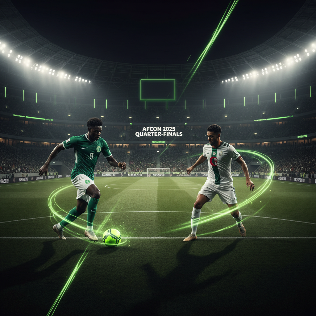 A Nigerian player and an Algerian player in a dynamic clash, with lime green light effects representing their AFCON 2025 quarter-final match.