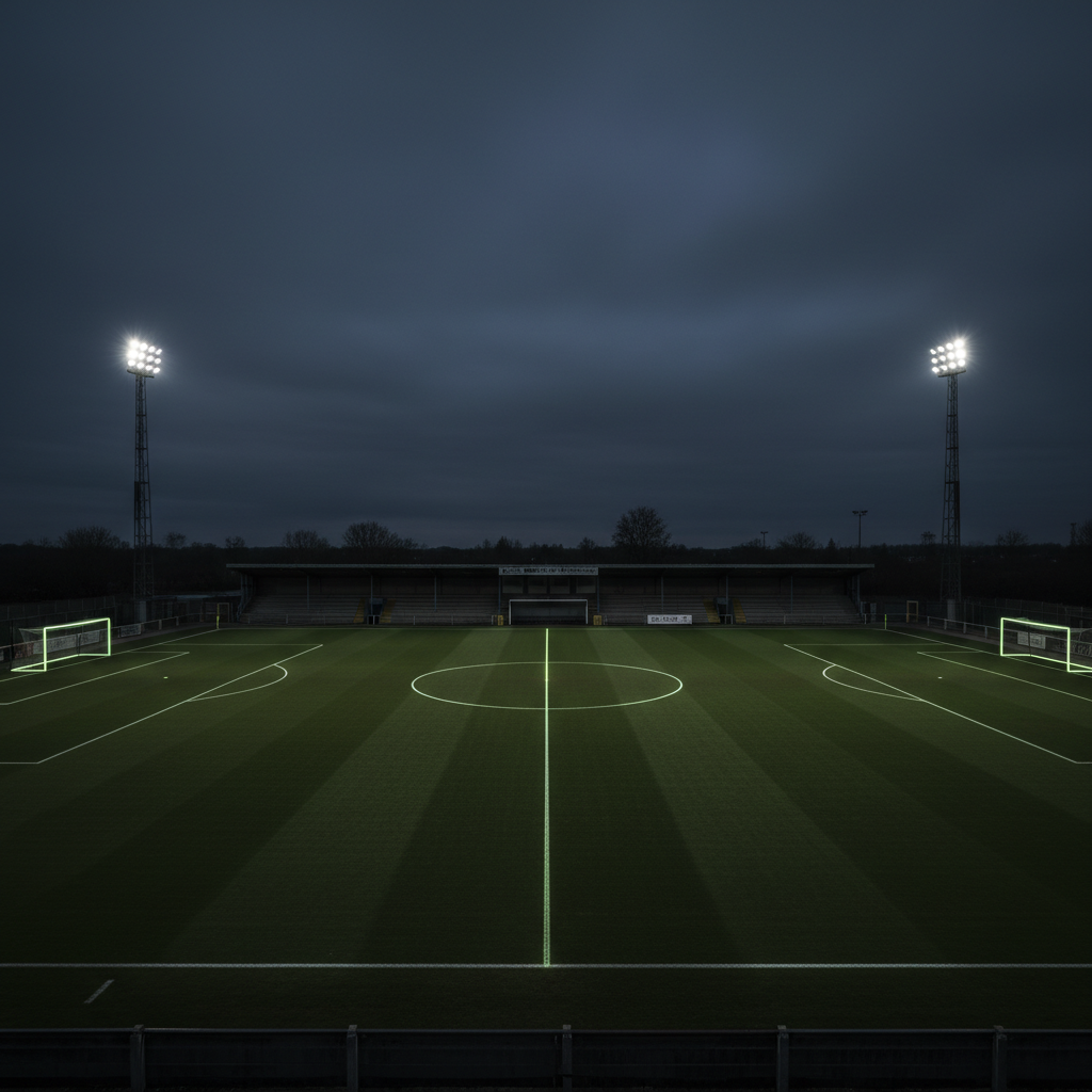 An empty non-league football ground at dusk with floodlights on and lime green highlights on the pitch markings.