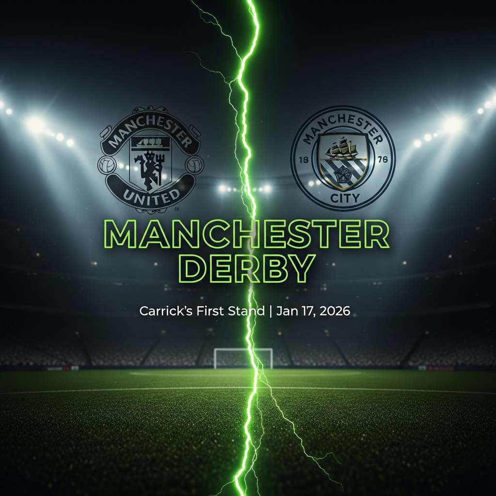16:9 cinematic thumbnail for a blog post about the Manchester Derby, featuring club crests and lime green accents.