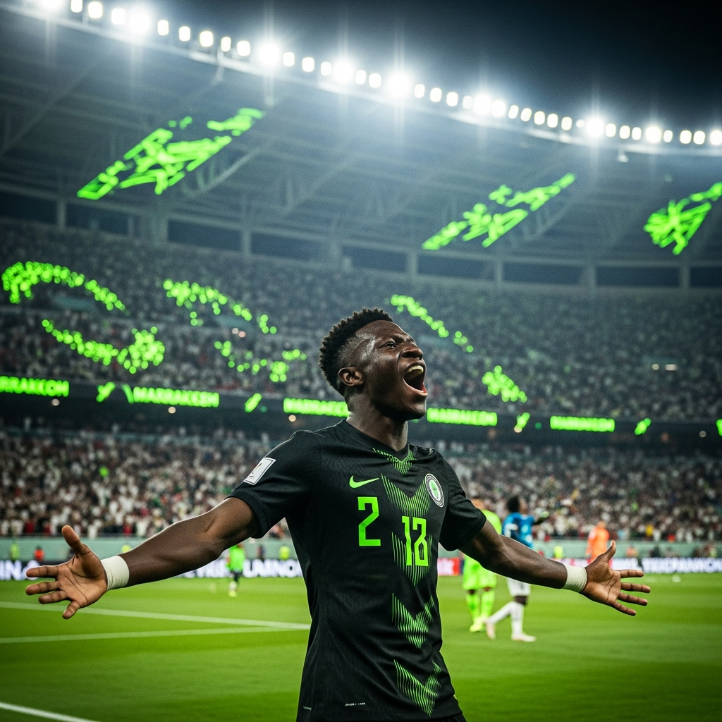 Nigeria striker Victor Osimhen celebrates a goal in a packed stadium with vibrant lime green lights, conveying energy and victory