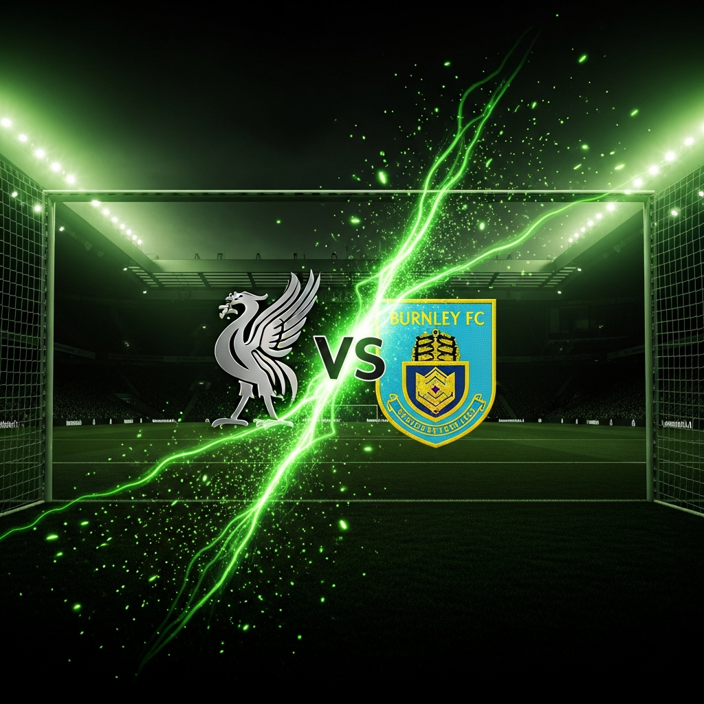 A hyper-realistic thumbnail of Liverpool and Burnley crests clashing with lime green energy at Anfield